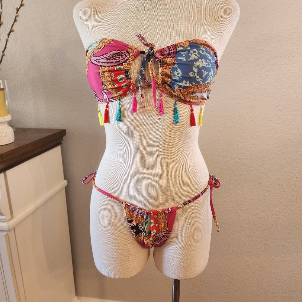 Paisley Print Padded Top Lined Bandeau Women's Cheeky Bikini Set  Size S  NWT